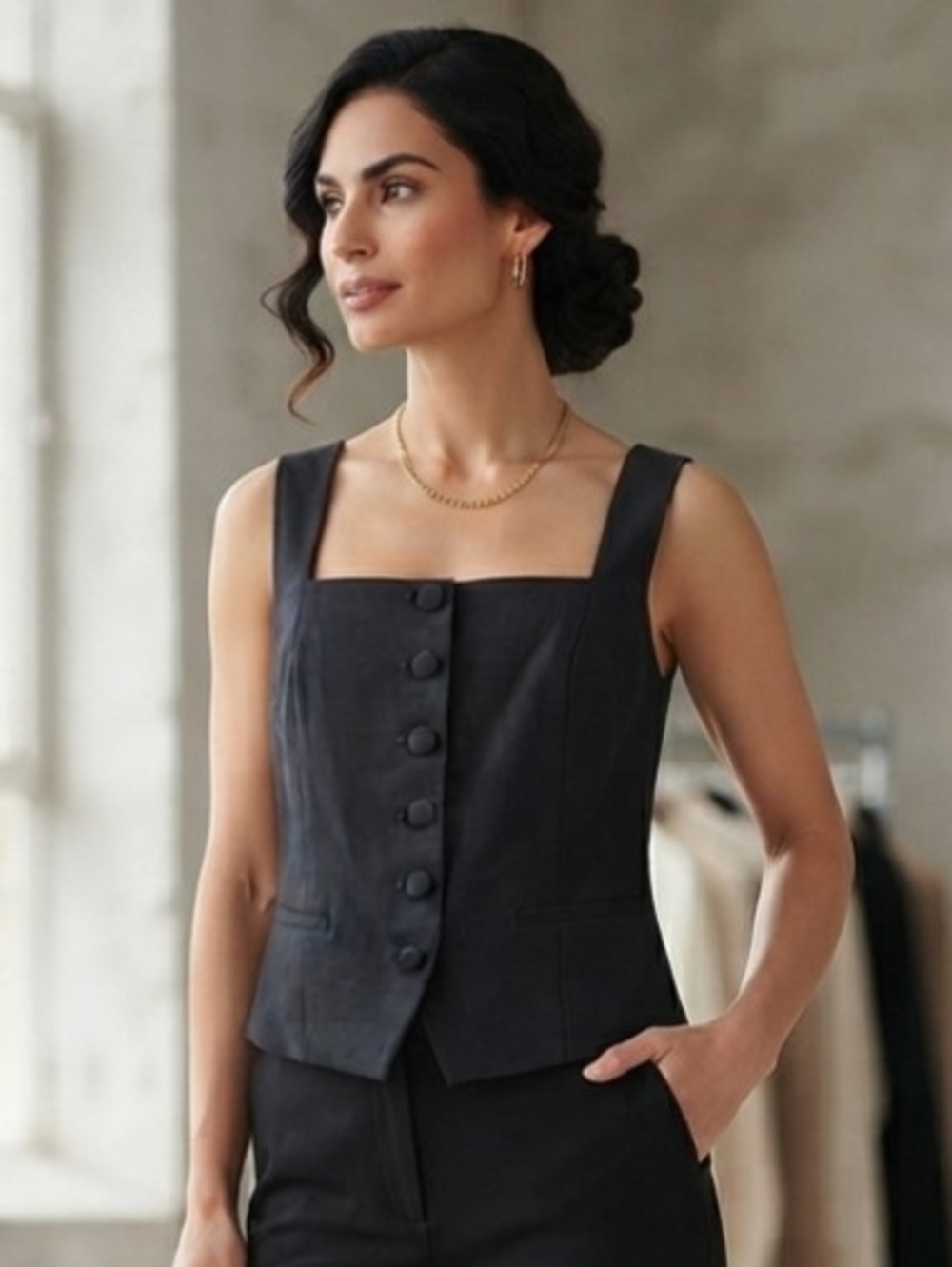 Autres Filles Tailored Square-Neck Black Button-Front Vest Size XL